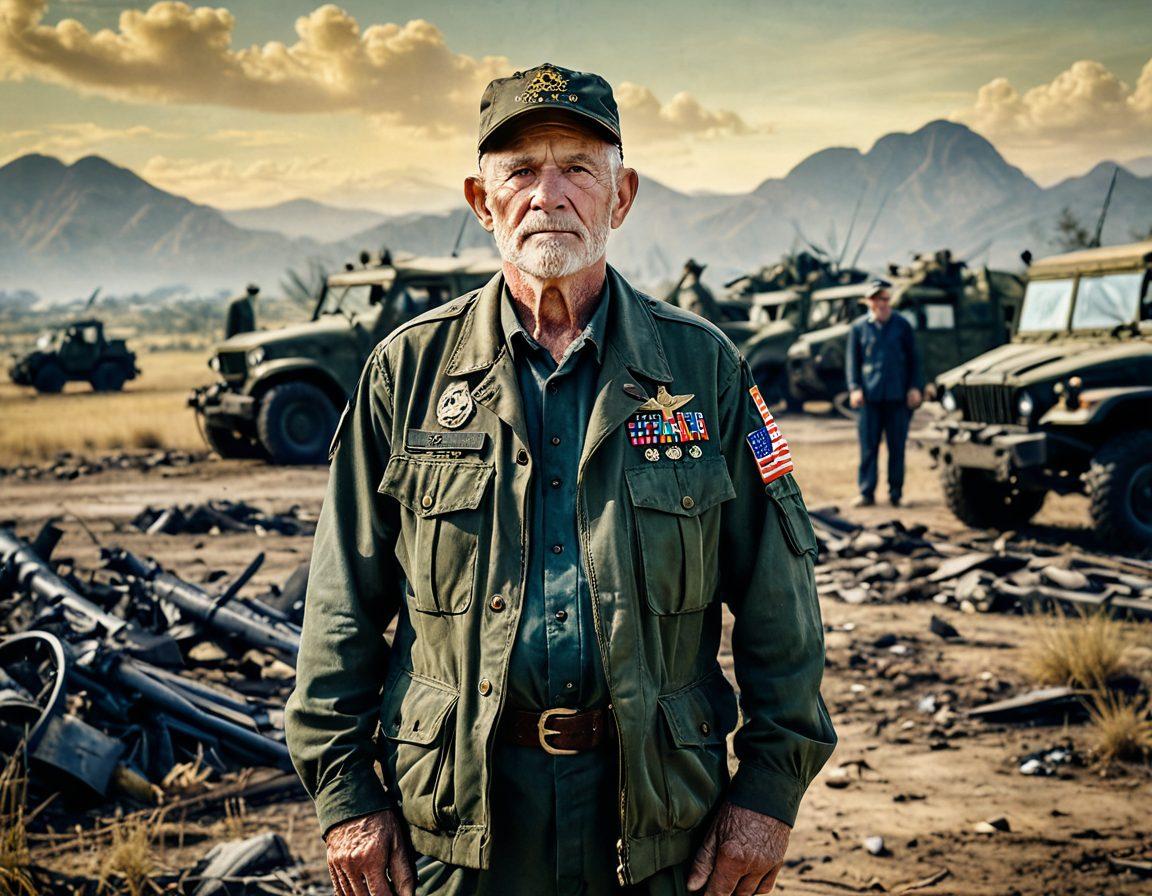 A weathered Vietnam War veteran, with a deep, reflective expression, stands in front of a backdrop blending battlefields of the past with the peaceful homefront of today. His military gear and medals contrast with modern, family photos, symbolizing his journey. Strong emotional undertones and historical textures. Painting style. somber colors.