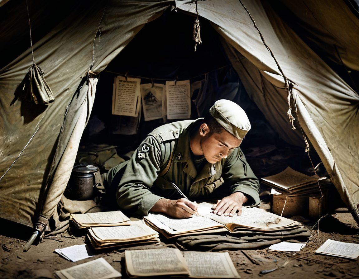 A dramatic scene showcasing a soldier writing a letter under a makeshift tent, with ghostly, translucent images of past battles and Vietnamese landscapes in the background. Interspersed are faded photographs and snippets of diary entries scatterartistically. vintage and nostalgic tones. super-realistic. rich textures.